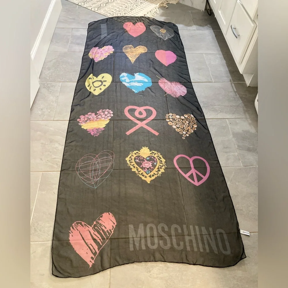 Moschino Heart Collage Large Black silk scarf